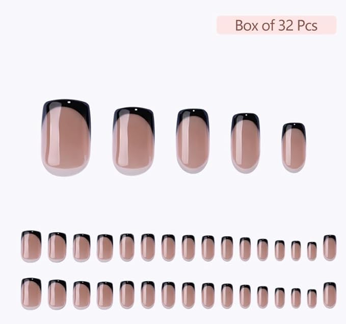 RPNZL Press On Nails - Midnight | Chrome Black French Tip, UV Finish Short Squoval Nails, Reusable, Salon Quality | 32 Nails, 16 Sizes Kit with Glue and Adhesive Tabs