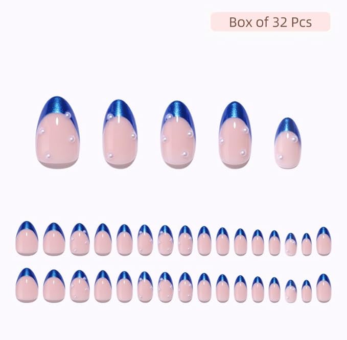 RPNZL Press On Nails - Ocean | Blue Chrome French Tip with Pearl Design, UV Finish Almond Nails, Salon Quality | 32 Nails, 16 Sizes Kit with Glue and Adhesive Tabs I Female Founded