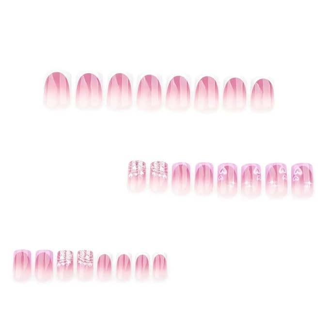 CTTHNBD Press on Nails Short Square Acrylic False Nails French Tip Heart Design Glitter Glossy Full Cover Stick on Nails 24Pcs