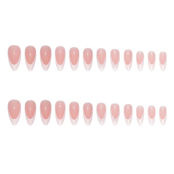Foccna Press on Nails French Medium, Pearl White Fake Nails Almond Acrylic False Nails,Artificial Glue on Nails for Women 24pcs