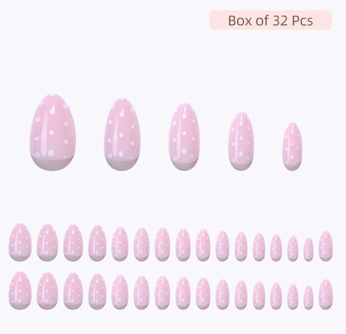 RPNZL Press On Nails - Sugar | Pink Polka Dot UV Finish Almond Nails, Reusable Salon Quality | 32 Nails, 16 Sizes Kit with Glue and Adhesive Tabs I Female Founded