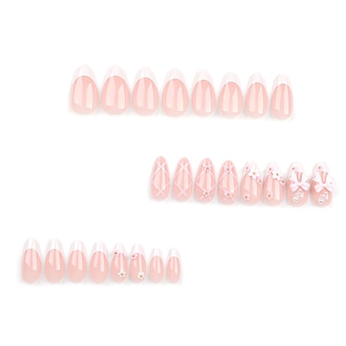 Foccna French Press on Nails Medium Rhinestone Pink Fake Nails Almond Bling Glossy 3D Flower False Nail Tips Artificial Nails Finger Manicure for Women&Girls -24 pcs