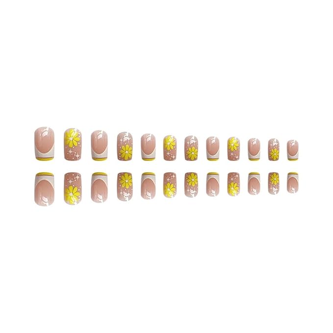 Sqaure Press on Nails Medium - French Tip Fake Nails with Yellow Flower Design - Glossy Full Cover Stick on Nails for Women 24 Pcs