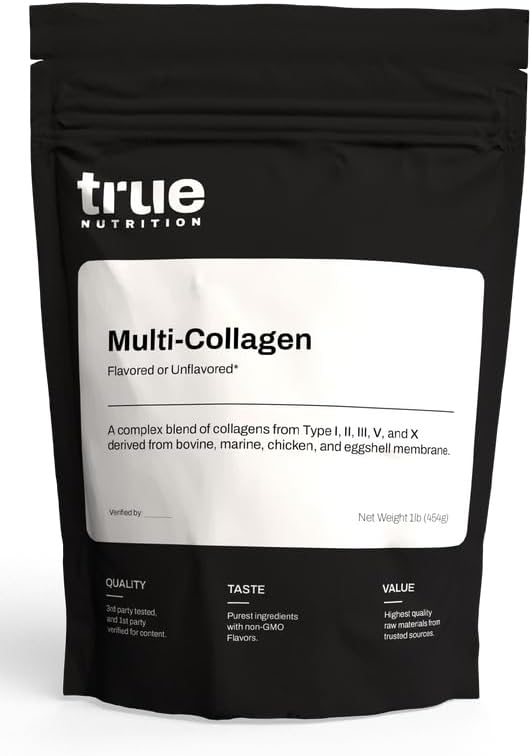 True Nutrition Multi-Collagen Powder (1 lb) – Type I, II, III, V & X Collagen Peptides, Unflavored, Paleo Friendly, Gluten-Free, 3rd Party Tested