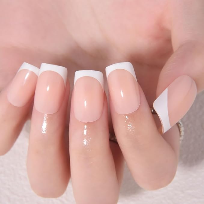 XZMeiLun Nude+White French Tips Press on Nails, Short Square Acrylic Fake Nails Design, Natural Reusable Glue-On Nails Kit for Women DIY False Nail Art Decoration Gift, Salon Quality Reusable 32 Pcs