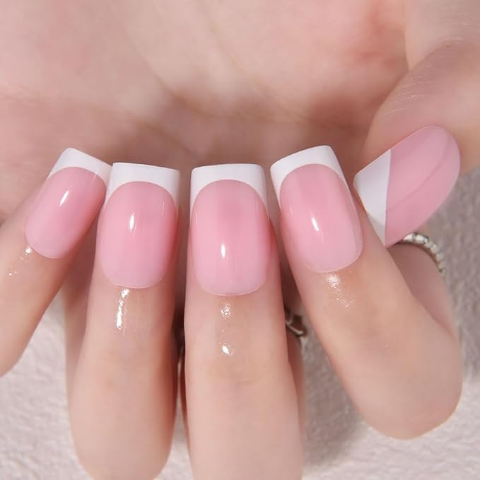 XZMeiLun Pink White French Tips Press on Nails, Short Square Acrylic Fake Nails Design, Natural Reusable Glue-On Nails Kit for Women DIY False Nail Art Decoration Gift, Salon Quality Reusable 32 Psc