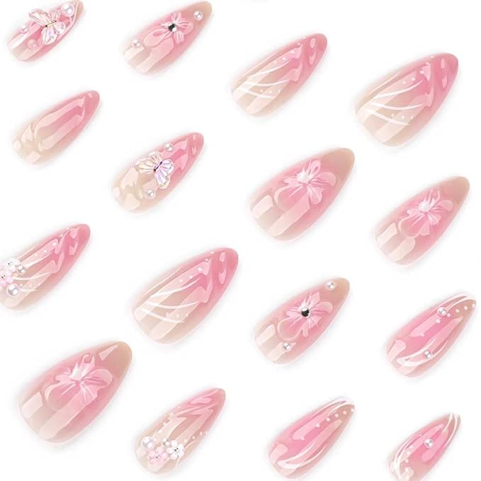 Foccna Almond Press on Nails -Soft Gel Medium Pink Fake Nails French Glossy Butterfly Artificial Nails 3D Flower Design Nails Clear,24pcs