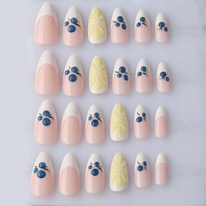 XZMeiLun 3D Blueberry Flowers Press On Nails Almond Medium, 3D Pattern Designer Reusable Acrylic Nails Press Ons, Fake Nails With Glue On, Daily Wear Floral False Nails For Women