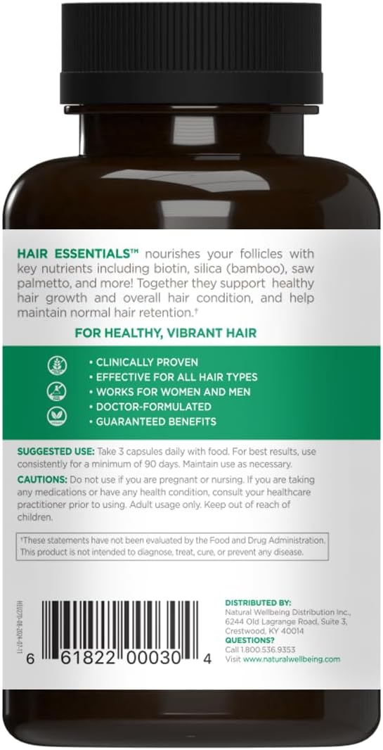 Natural Wellbeing Hair Essentials – DHT Blocker Hair Growth Supplement for Women & Men – Saw Palmetto, Biotin, – Vegan Capsules – Stops Shedding & Thinning (270 Count, 3-Month Supply)