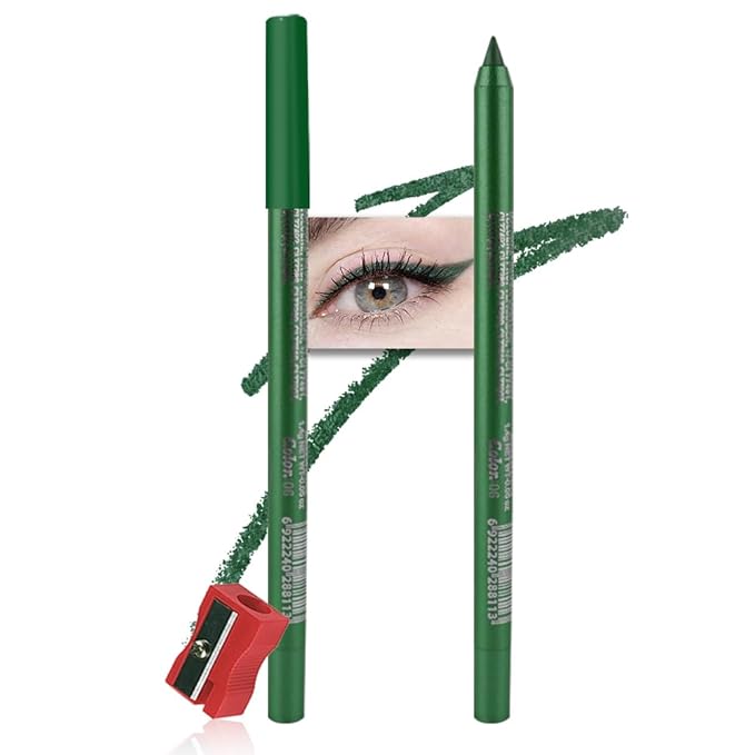 evpct Green Glitter Eyeliner Pencil for Eyes, Dark Emerald Green Metallic Shimmer Eye Liner Pencil Makeup Waterproof Smudge Proof, Colored Gel Waterline Eyeliner, Face Eye Paint Stick Halloween Makeup