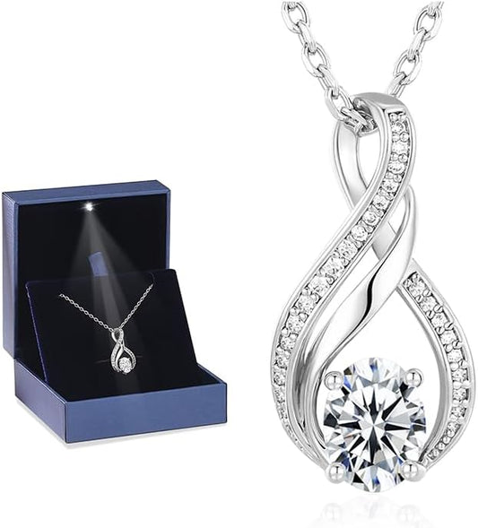 KRZ Moissanite Infinity Women Necklace, 925 Sterling Silver with White Gold Plated Christmas Valentines Mothers Day for Her, Anniversary Birthday Jewelry Gifts for Wife Girlfriend