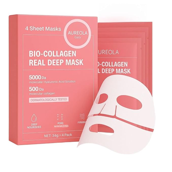 AUREOLA GALÓR Bio-Collagen Sheet Mask (4 Pack), Hydrating & Firming Face Mask, Korean Skin Care Collagen Mask for Dry & Aging Skin, Winter Hydration for All Skin Types