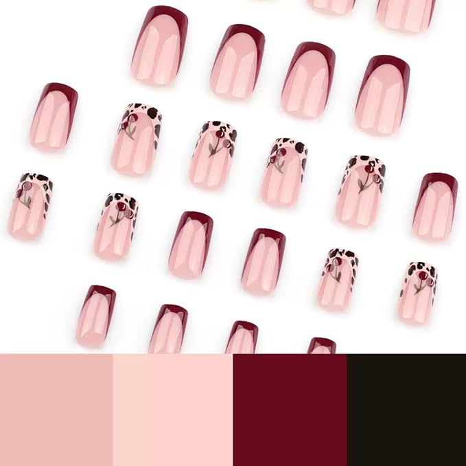 Square Press on Nails Short - French Tip Fake Nails with Leopard Print Cherry Design - Winter Nails Press ons - for Women 24 Pcs