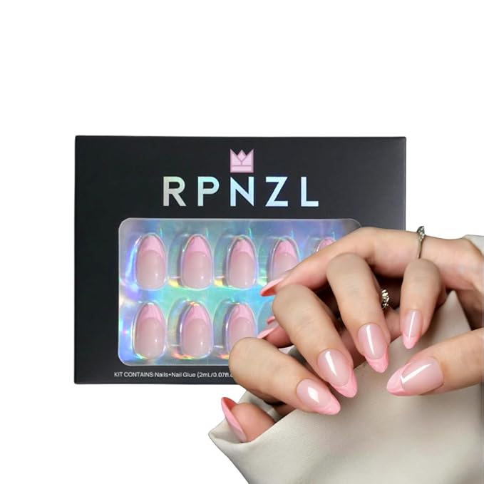 RPNZL Press On Nails - BubbleGum French | 3D Pink French Tip, UV Finish Almond Nails, Reusable | 32 Nails, 16 Sizes Kit with Glue and Adhesive Tabs I Female Founded