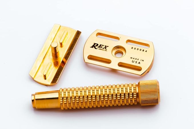 Rex Supply Co. Envoy Safety Razor 3‑Piece DE Razor | 24K Gold Plated | Marine‑Grade Stainless Steel | Handcrafted in USA | Knurled Sure‑Grip Handle | Medium Blade Gap | 5 Blades Included