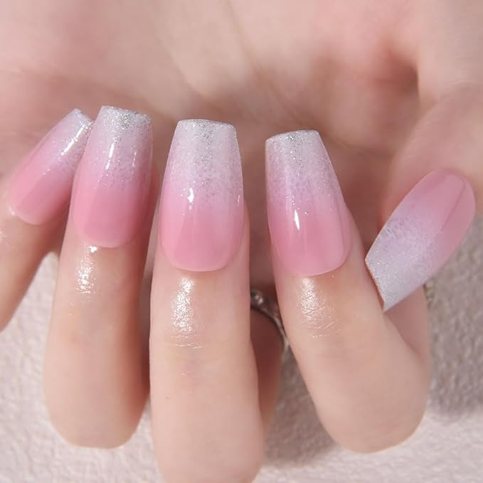 evpct Ombre Gold to Pink Press on Nails Short Coffin, Short Coffin Glossy Stick on Nails for Women Gift with Manicure Kit, Reusable Soft Gel Stick on Fake Nail with Ombre Designs Perfectly Fit
