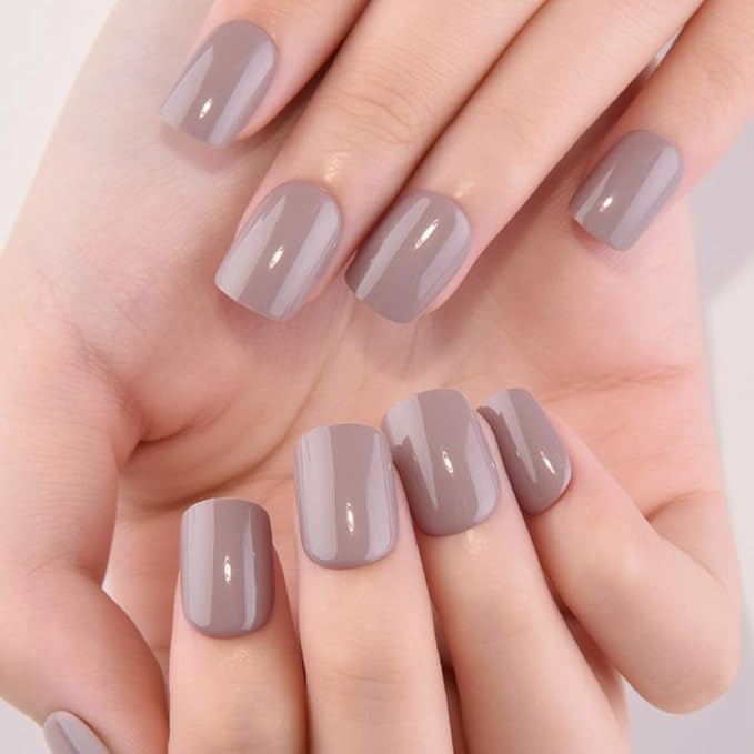 evpct Acrylic Taupe Glossy Press on Nails Short Square, Glossy Taupe Fake Nails Reusable False Nail Stick on Press ons for Women Gifts, Perfectly Fit Durable False Nail Kit with Gel Gel 30Pcs