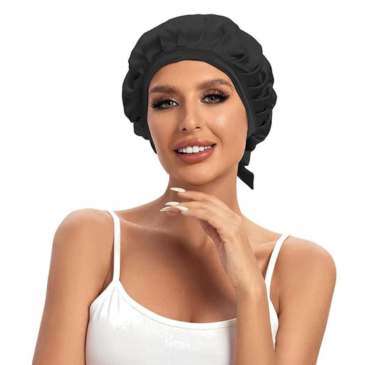 Cocheng 100% Mulberry Silk Bonnet Double-Sided Silk Sleep Cap with Adjustable Ribbon 19 Momme Bonnet for Sleeping(Black)