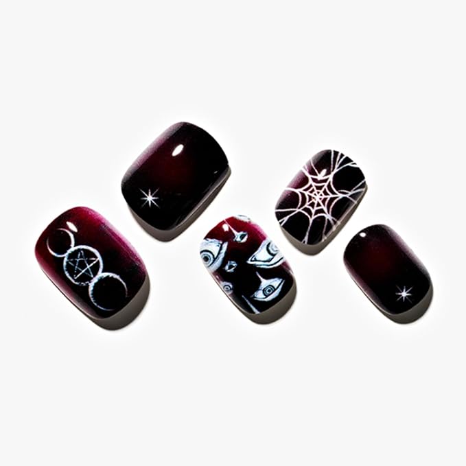 GLAMERMAID Black Press On Nails Short Almond, Handmade Soft Matte Dull Polish Gel Emo Fake Nails with Gothic Eyes Design, Round Oval Stick Glue on Nails Kit for Women, Reusable Acrylic False Nail Set