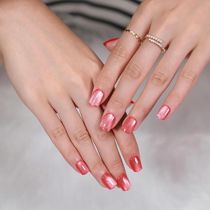 evpct Pink Cat Eye Extra Short Press on Nails Square, Petite Short Square Stick on Nails for Women Gift, Red Nude Pink Metallic Glitter Glossy Reusable Soft Gel Press on Acrylic Fake Nail with Design