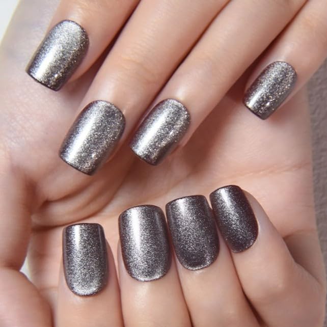 evpct Glitter Pearl Silver Cat Eye Press on Nails Square, Short Square Stick on Nails for Women Gift, Glitter Metallic Shimmer Silver Reusable Gel Press on Acrylic Fake Nail with Designs