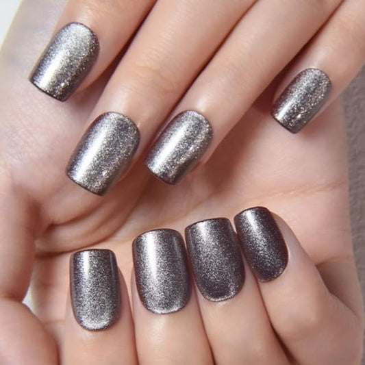 evpct Glitter Pearl Silver Cat Eye Press on Nails Square, Short Square Stick on Nails for Women Gift, Glitter Metallic Shimmer Silver Reusable Gel Press on Acrylic Fake Nail with Designs