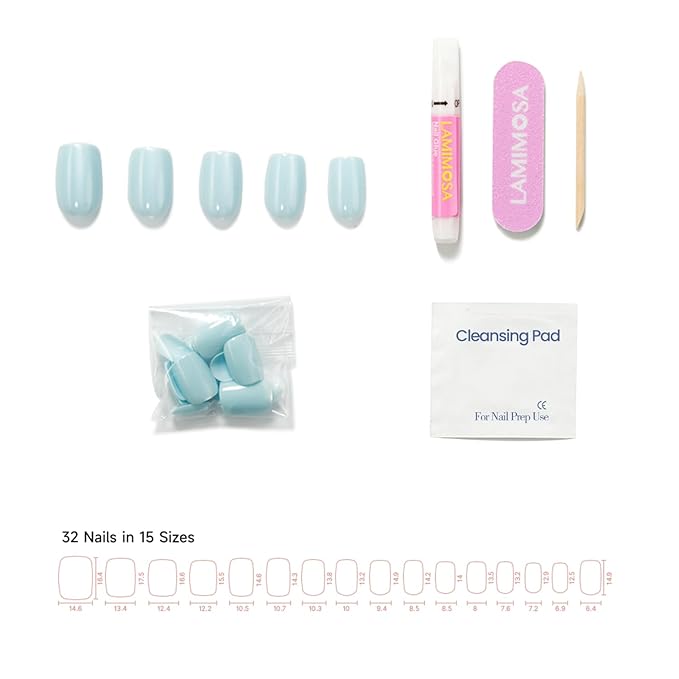 LAMIMOSA 32Pcs Cat Eye Press On Nails Short Square, Blue Nail Kit, Soft Gel Fake Nails in 16 Sizes, Reusable Glue on Nails, AQUAMARINE QUARTZ