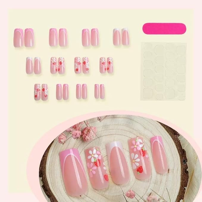 CTTHNBD Press on Nails Medium - Square Fake Nails with Flower Design - Pink French Tip False Nails Press ons - for Women 24 Pcs