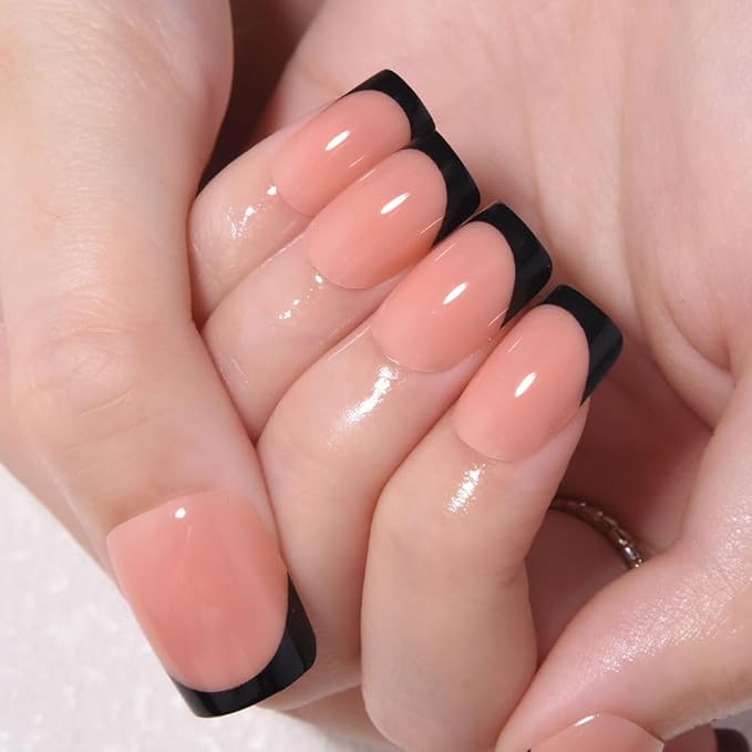 XZMeiLun Nude+Black French Tips Press on Nails, Short Square Acrylic Fake Nails Design, Natural Reusable Glue-On Nails Kit for Women DIY False Nail Art Decoration Gift, Salon Quality Reusable 32 Pcs