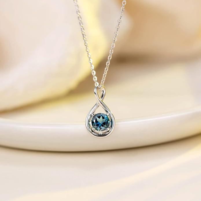 FANCIME 14K Solid Gold Birthstone Pendant with Sterling Silver Chain Infinity Gemstone Necklace Fine Jewelry Anniversary Birthday Christmas Gifts for Women Wife Her