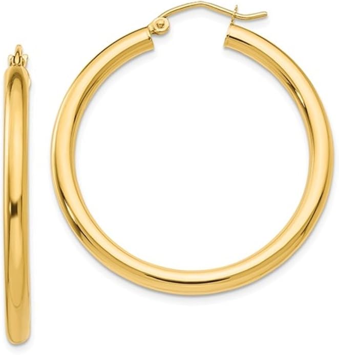 14K Yellow Gold Classic Real Hoop Earrings, (3mm Thick Tube)