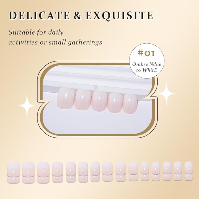 evpct Ombre Glossy Press on Nails Short Square, Nude to White Glossy Fake Nails Reusable, Acrylic False Nail Stick on Press ons for Women Gifts, Color Ombre Artificial False Nail with Kit, 30Pcs