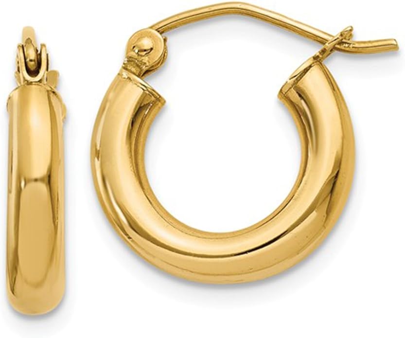 14K Yellow Gold Classic Real Hoop Earrings, (3mm Thick Tube)