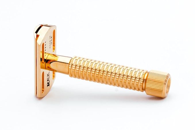Rex Supply Co. Envoy Safety Razor 3‑Piece DE Razor | 24K Gold Plated | Marine‑Grade Stainless Steel | Handcrafted in USA | Knurled Sure‑Grip Handle | Medium Blade Gap | 5 Blades Included