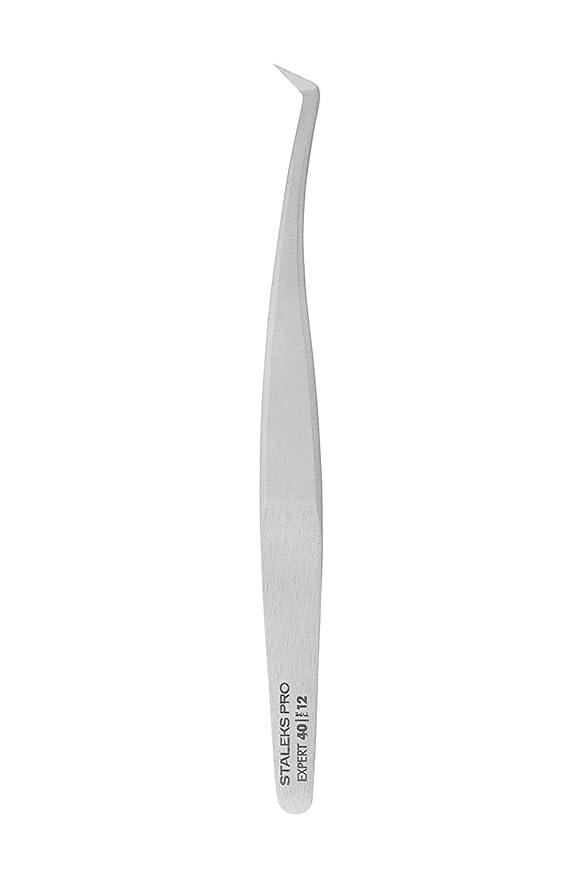 Staleks Pro Professional Eyelash Tweezers EXPERT 40 Type 12 – L-Shaped 65° Tip – Stainless Steel – For Volume Eyelash Extensions 2D–8D
