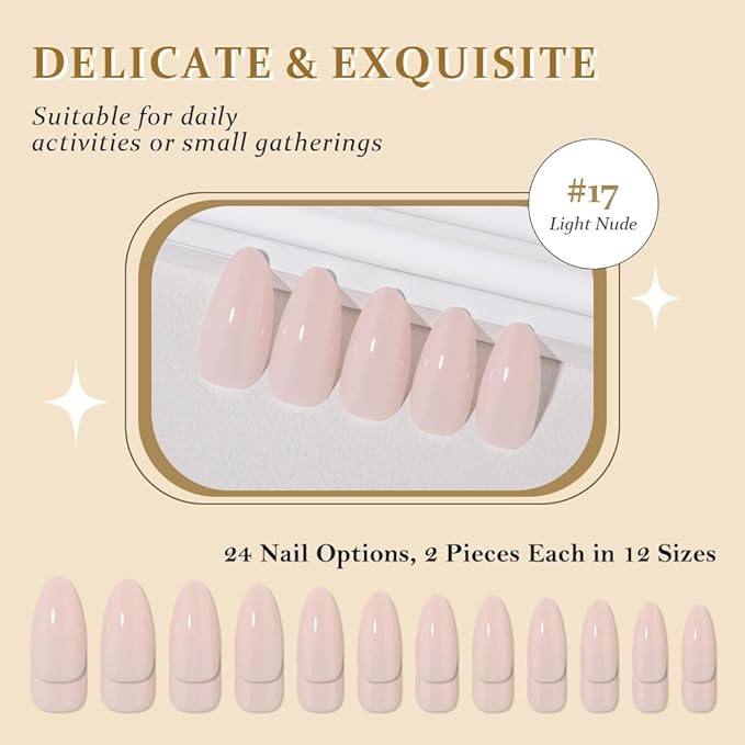 evpct Light Nude Medium Almond Glossy Press on Nails for Women Gift, Glossy Light Nude Fake Nail with Kits Manicure Kit, Soft Gel Full Cover Reusable Stick on Soft Acrylic False Nails Perfectly Fit