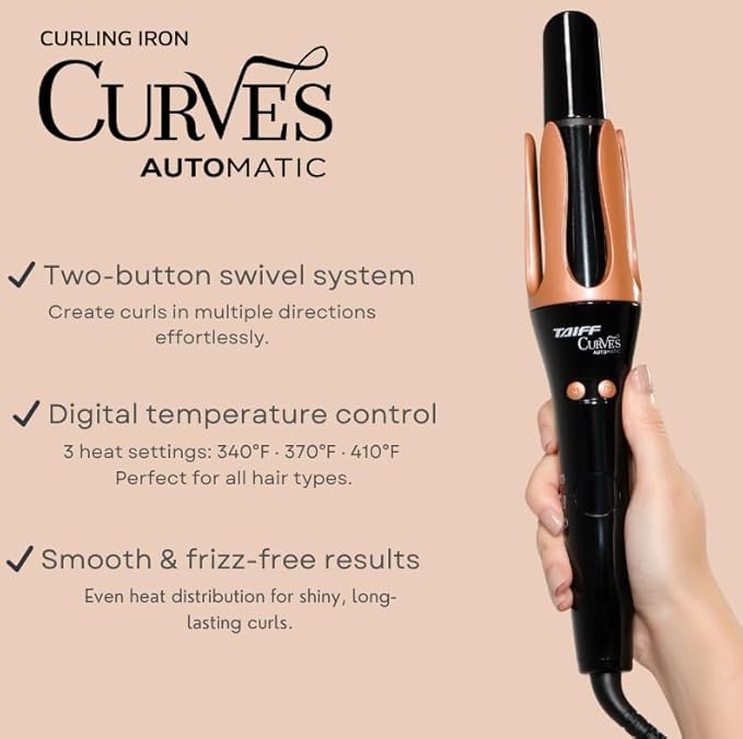 Taiff Automatic Curling Iron | 1¼" Rotating Barrel with Ion Technology | PTC Fast Heating | 3 Heat Settings 340°F–410°F | Dual Voltage Hair Curler for Smooth Frizz Free Long Lasting Curls