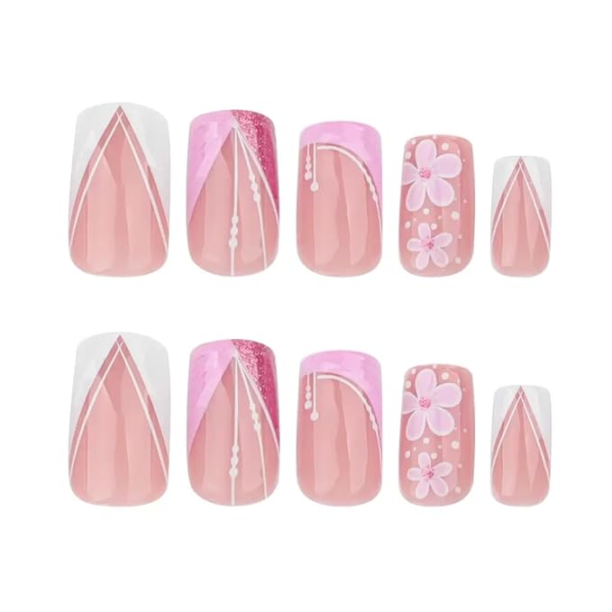 CTTHNBD Press on Nails Square - Short Fake Nails with Flower Design - French Tip, Pink False Nails - for Women 24 Pcs