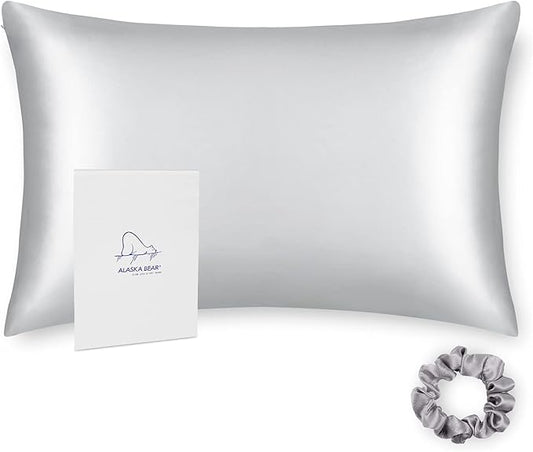 ALASKA BEAR 100% Pure Mulberry Silk Pillowcase for Curly Hair Wife Women Mother Her Grandma Pillow Slip Machine Washable King (1pc, Silver)