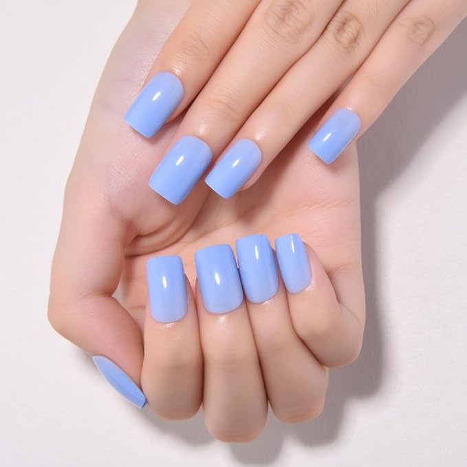 evpct Sky Blue Short Square Glossy Press on Nails for Women Gift, Glossy Sky Blue Fake Nail with Nail Kit Manicure Kit, Soft Gel Full Cover Reusable Stick on Soft Acrylic False Nails Perfectly Fit