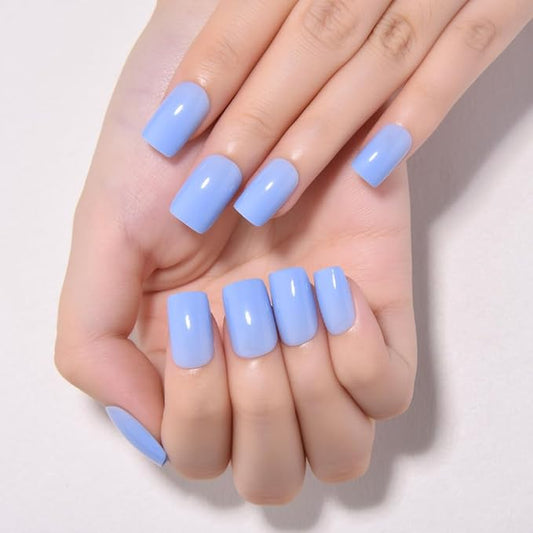evpct Sky Blue Short Square Glossy Press on Nails for Women Gift, Glossy Sky Blue Fake Nail with Nail Kit Manicure Kit, Soft Gel Full Cover Reusable Stick on Soft Acrylic False Nails Perfectly Fit