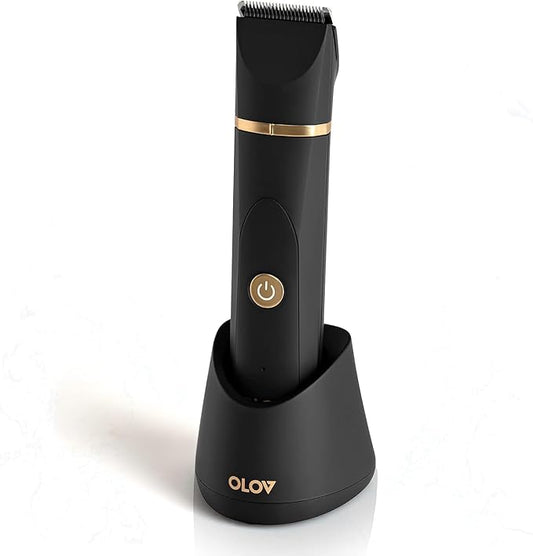OLOV Electric Body Hair Trimmer - Groin Trimmer for Men - Bikini Trimmer Women - Wet/Dry Shaver Groomer, Replaceable Ceramic Blade Heads, USB Recharge Dock, Waterproof Hygiene Razor,Black