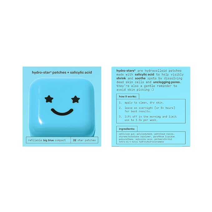 Starface Hydro-Star + Salicylic Acid Pimple Patches and Big Blue Compact, Helps Shrink and Soothe Deeper Spots, Cute Star Shape, Vegan, 32 count