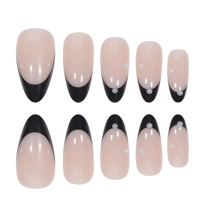 Foccna Press on Nails Medium Pearl Black Fake Nails Almond Glossy 3D False Nail Tips French Artificial Nails Finger Manicure for Women and Girls,24pcs