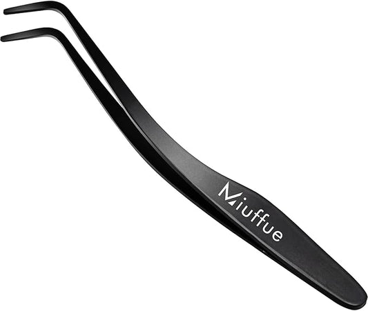 Miuffue Lash Applicator Tool DIY Eyelash Applicator Stainless Steel Curved Eyelash Tweezers for Cluster Lashes (Black)