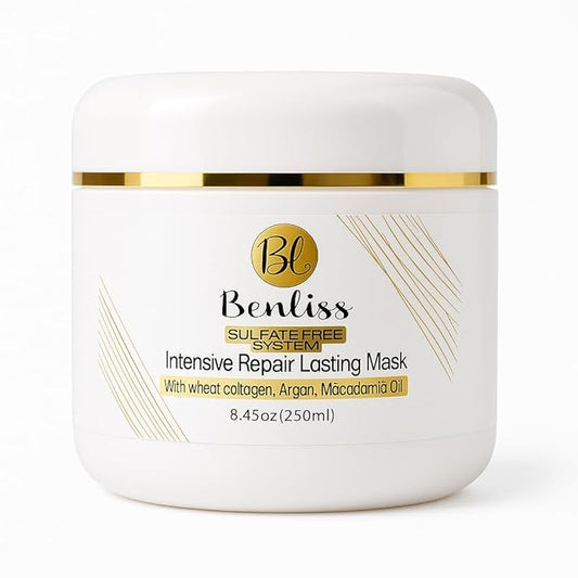 Benliss Intensive Repairs Lasting Hair Mask: Deep Conditioner for Dry, Damaged & Curly Hair with Argan and Macadamia Oil, 8.45 Fl OZ