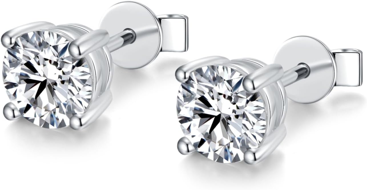 BLINGDIARY Moissanite Stud Earrings, 925 Sterling Silver 18K White Gold Plating Studs for Women Men, Wedding Jewelry Engagement Earrings