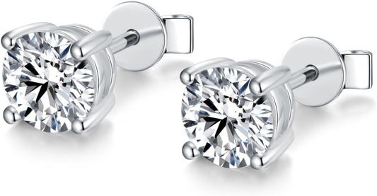 BLINGDIARY Moissanite Stud Earrings, 925 Sterling Silver 18K White Gold Plating Studs for Women Men, Wedding Jewelry Engagement Earrings