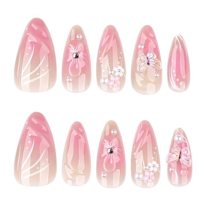 Foccna Almond Press on Nails -Soft Gel Medium Pink Fake Nails French Glossy Butterfly Artificial Nails 3D Flower Design Nails Clear,24pcs