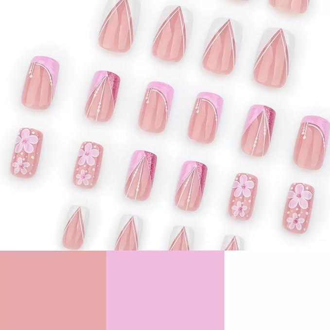 CTTHNBD Press on Nails Square - Short Fake Nails with Flower Design - French Tip, Pink False Nails - for Women 24 Pcs
